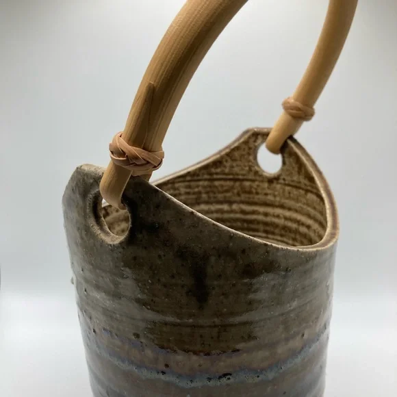 Vintage Teal/Tan/Blue Pottery Flower Pot with Bamboo Handle - Picture 5 of 10